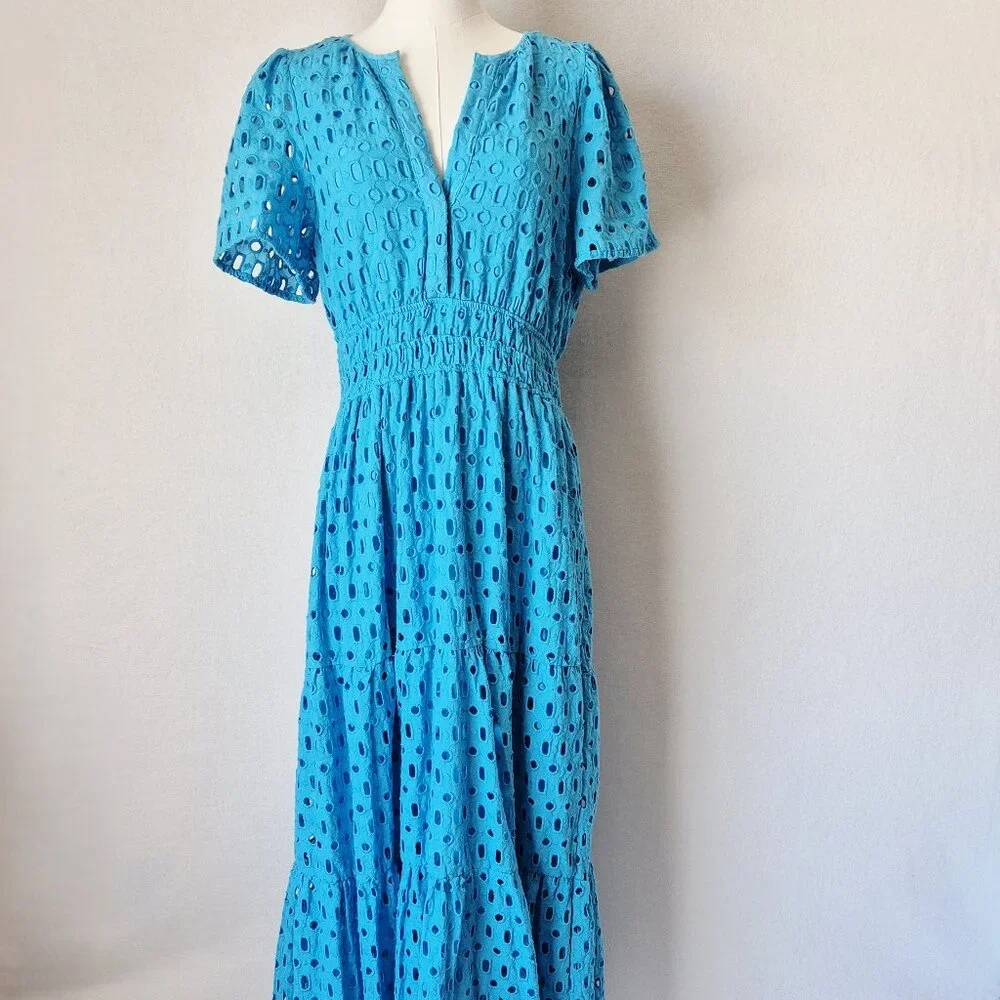 EUC Anthropologie Somerset Eyelet Edition Maxi Dress Short Sleeve Pocket Blue - Picture 4 of 16